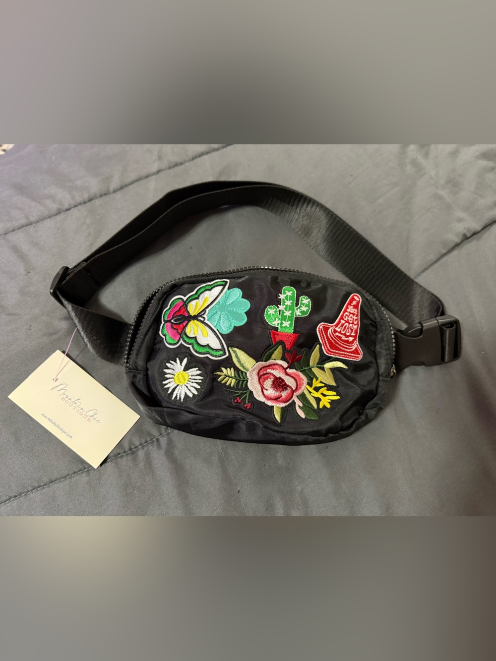 Black Embroidered Patch Belt Bag / Fanny Pack!